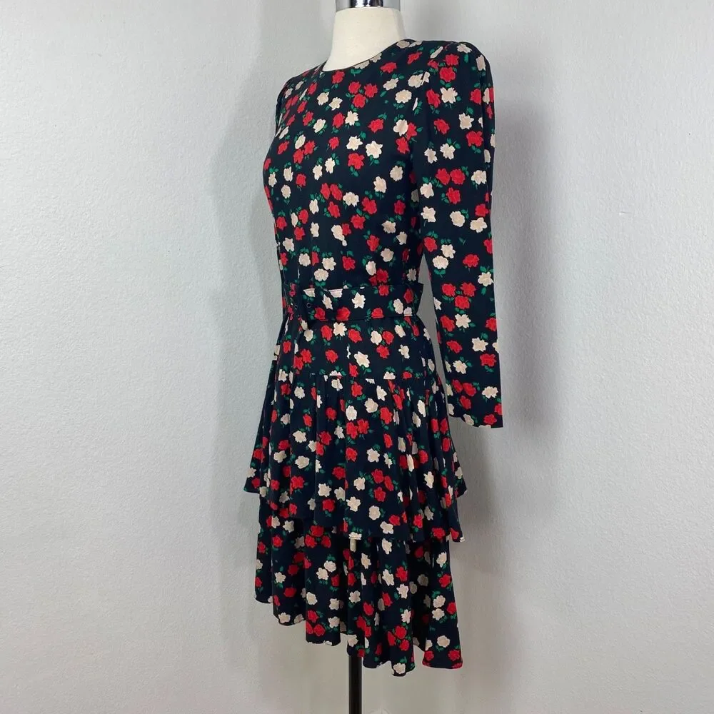 Vtg 80 Drop Waist Layered Skirt Floral Rayon Dress Small Long Sleeve Belt Modest